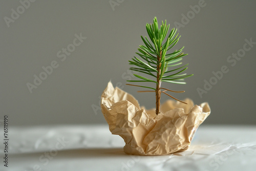 small Eastern White Pine seedling growing ffrom Crumpled Kraft Paper, Concept of Growth and Eco Awareness, concept of growth and sustainability with copy space photo