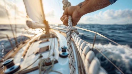 Closeup up of Yachtsman hands dealing with yacht ropes. photo
