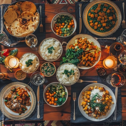 Overhead shot capturing a vibrant array of traditional dishes, ready for a communal feast with rich colors and diverse textures.
