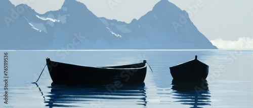  A pair of vessels bobbing on a vast expanse of liquid surrounded by snowy peaks in the background