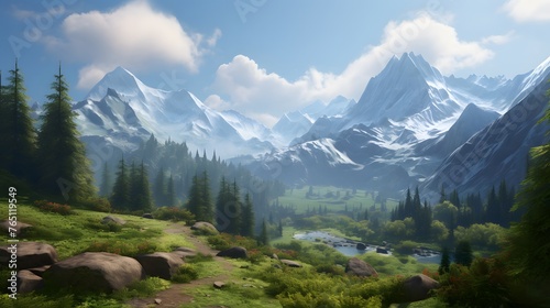 A breathtaking view of a giant mountain towering over the landscape, its rugged slopes blanketed in lush greenery and dotted with patches of snow, a sight to behold in any season.