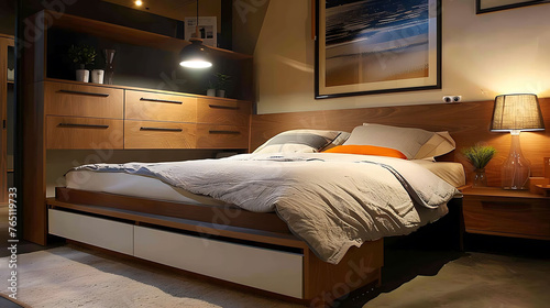 Modern bedroom with a platform bed design featuring pull-out drawers on one side and a lift-up storage compartment on the other © Wardx