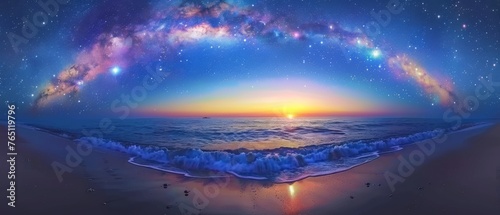  A sunrise over an ocean at night  with stars scattered across the sky