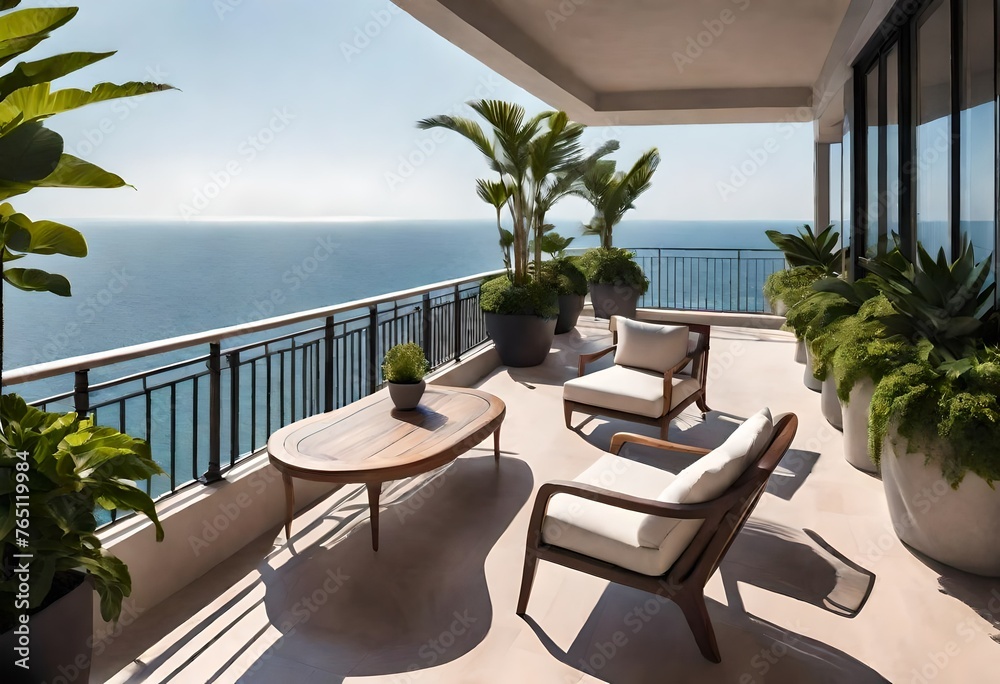A luxurious house balcony with panoramic views of the ocean, featuring elegant outdoor furniture and lush potted plants.