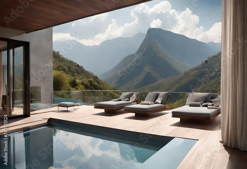 An expansive house balcony overlooking a scenic mountain landscape, with a heated infinity pool and comfortable loungers for ultimate relaxation.
