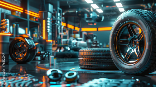 Wallpaper Mural Advanced Automotive Workshop with High-Performance Tires and Futuristic Design Torontodigital.ca