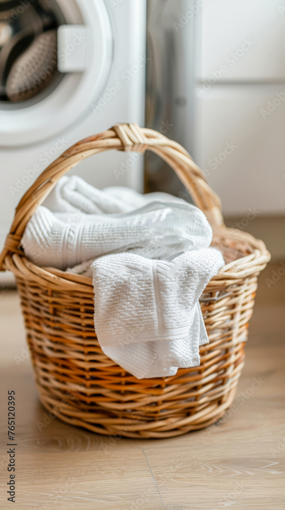 Wicker Basket with Fresh Towels in Laundry Room