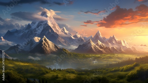 A breathtaking vista of a massive mountain range, its peaks bathed in the soft light of dawn, casting long shadows over the rocky terrain below, a sight that fills the heart with awe and wonder. photo