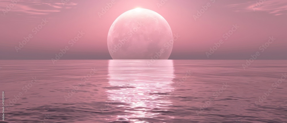  A vivid image portrays an enormous white egg hovering above tranquil water, beneath a rosy sky and with a radiant sun behind it