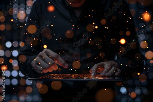 A businessman analyzing sales data on a tablet with a digital marketing interface in a global network. Concept Business Analysis, Sales Data, Digital Marketing, Global Network, Tablet Interface