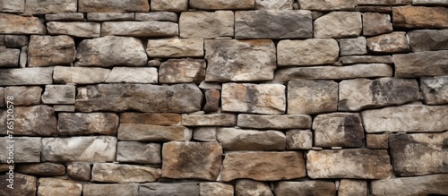 A detailed image showcasing a stone wall up close with a tiny area of lush green grass growing on it