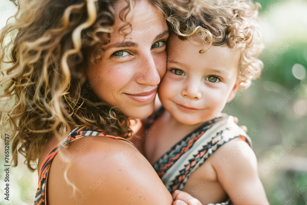 Loving Mother Embracing Curly-Haired Toddler in Nature