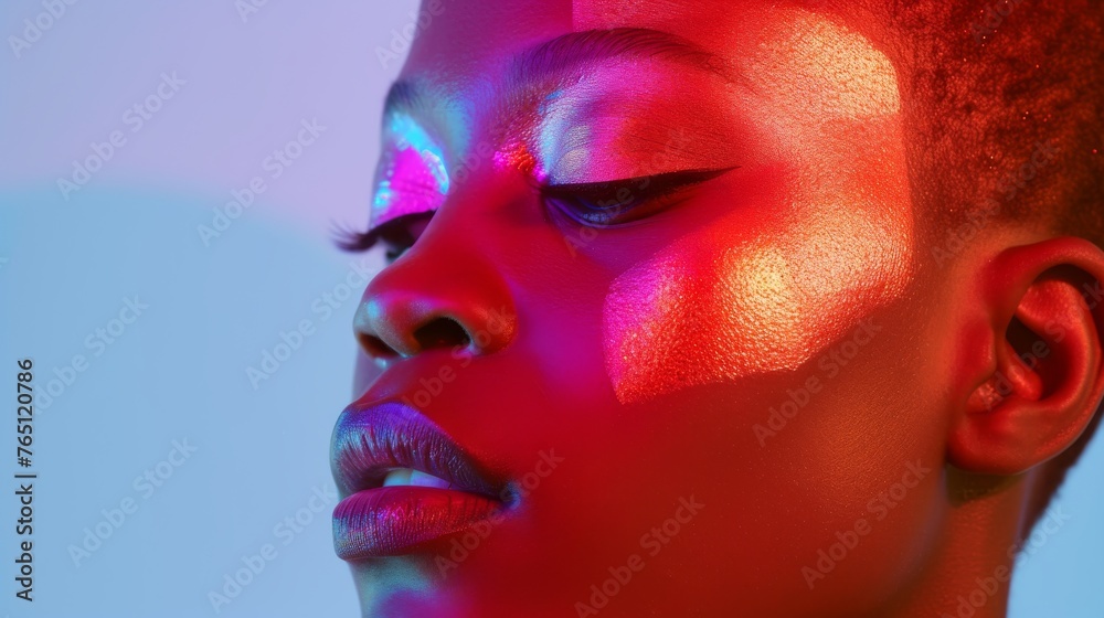 Close-up beauty shot of a woman with her face illuminated by vibrant red and blue neon reflections Close-up beauty shot of a woman with her face illuminated by vibrant red and blue neon reflections