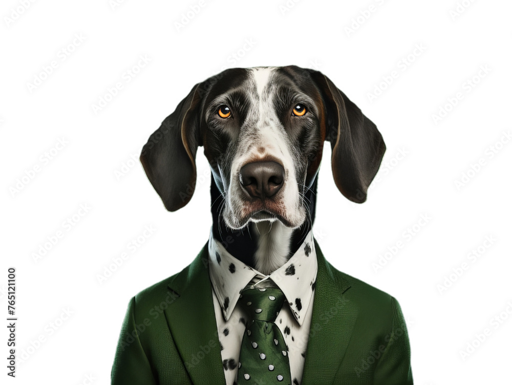 Cool dog wearing on the green suit on the transparent background.
