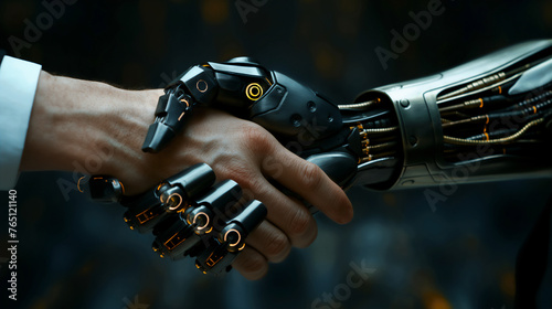 A conceptual image showcasing a handshake between a human hand and a robotic arm, representing human-robot collaboration