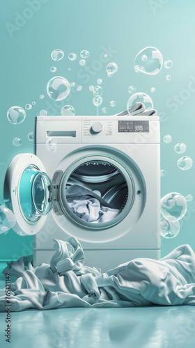 Fresh laundry with soap bubbles around washing machine
