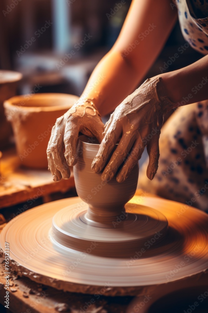 A photo from first person crafting pottery on a pottery wheel in a ceramics studio, showing hands molding clay into a beautiful vase
