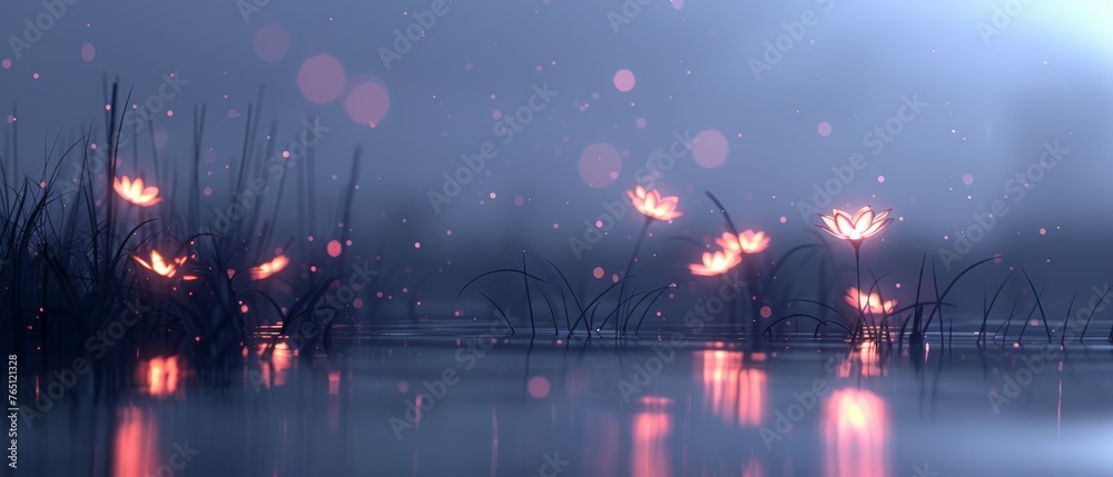 Obraz premium A pond filled with water surrounded by tall grass and a sky with bright pink lights