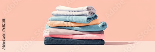 Folded towels in soft colors on pastel pink surface © olga_demina