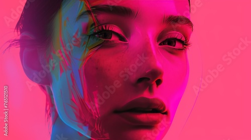 A digital portrait of a woman with half her face artistically blended with bright, digital brush strokes against a pink background