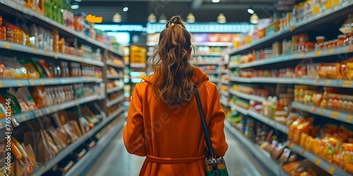 Woman in orange coat shopping for groceries in a supermarket aisle. Concept Supermarket Shopping, Fresh Produce, Orange Coat, Healthy Lifestyle, Everyday Errands
