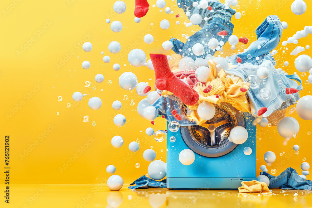 Dynamic laundry explosion with bubbles - obrazy, fototapety, plakaty 