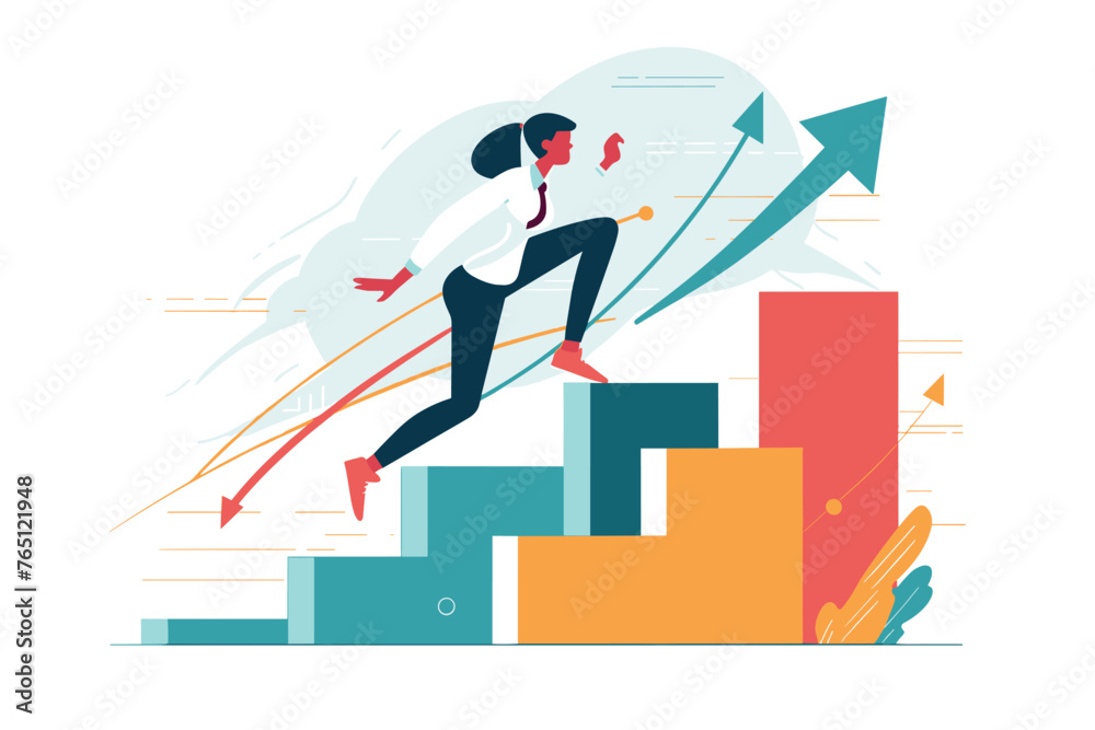 Ambitious employee running up growth graph, overcoming challenges to reach career goals, leadership motivation and engagement concept.