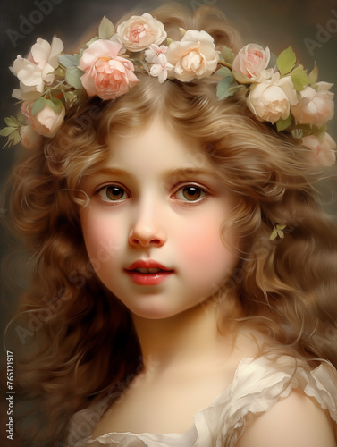 Girl portrait with a floral crown of roses and captivating curls