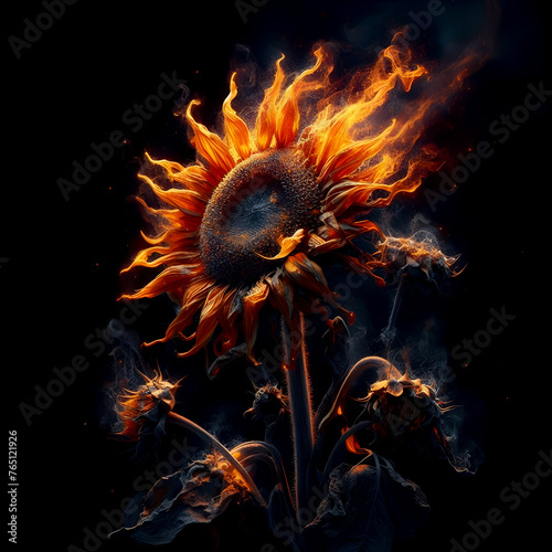 Sunflowers withered and burning on a black background void symbolizes loss, the end of vibrancy, and the inevitable cycle of life and decay. © Araya