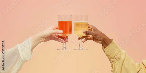 A gentle minimalist photo emphasizing the hands of two individuals clinking glasses in celebration with glasses non-alcoholic drink
