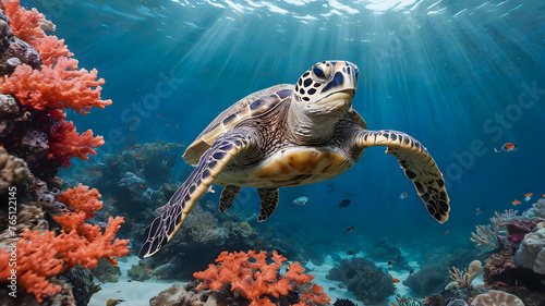 Hawaiian Green Sea Turtle (Eretmochelys imbricata) on a coral reef © wannasak