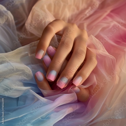 Elegant close-up of a woman's hands with a professional manicure, resting gently on layers of soft pastel tulle fabric, exuding a sense of beauty and serenity