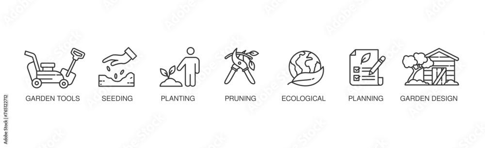 Fototapeta premium Gardening banner web icon vector illustration concept with icon of garden tools, seeding, planting, pruning, ecological, planning and garden design