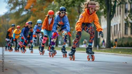 A group of people riding roller blades down a street. Generative AI.