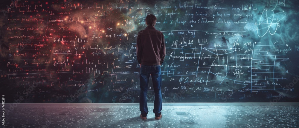 A man standing in front of a large blackboard with lots and lots of equations. Generative AI.