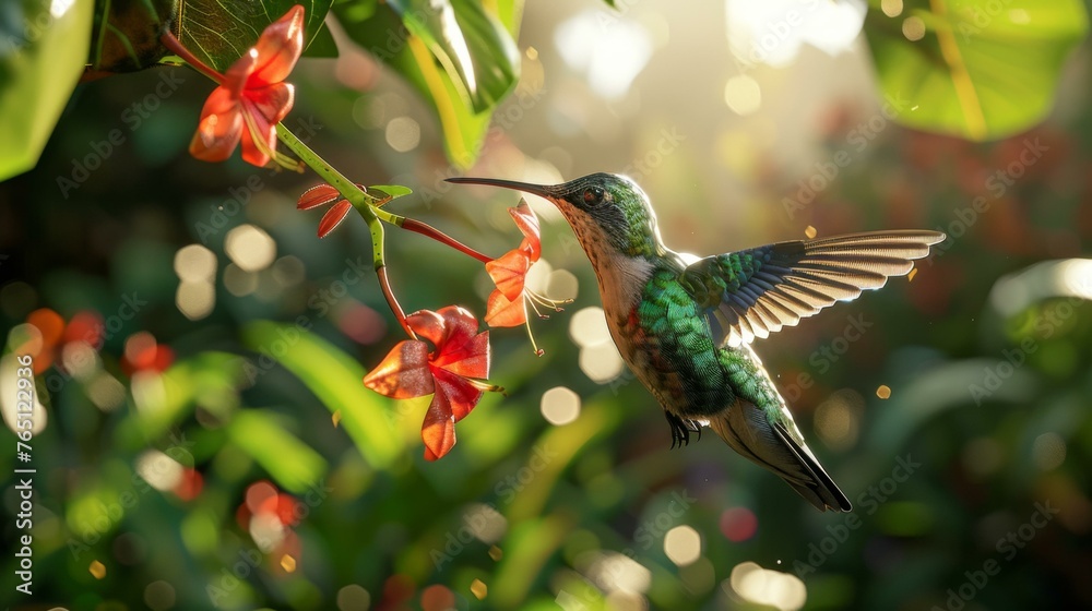Fototapeta premium A hummingbird is hovering over a flower with green leaves. Generative AI.