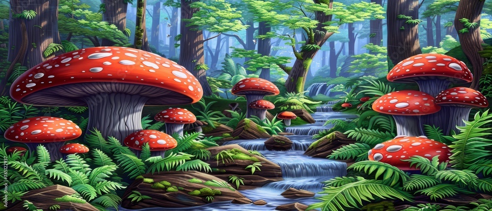  A painting of a stream flowing through a forest, surrounded by numerous mushroom-covered trees