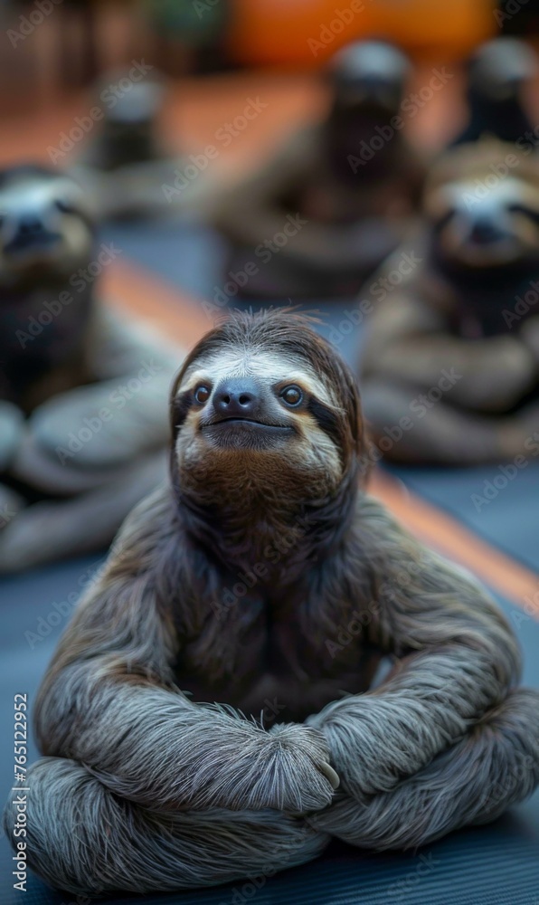 A group of sloths sitting on mats in a yoga pose. Generative AI. A group of sloths sitting on mats in a yoga pose. Generative AI.