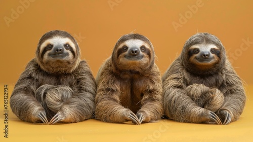 Three sloths sitting side by side on a yellow background. Generative AI.