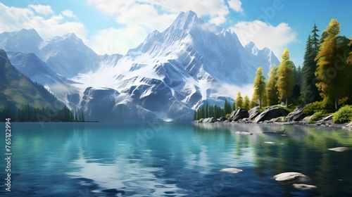 A majestic mountain towering over a tranquil alpine lake, its reflection shimmering in the clear blue water, creating a scene of serene beauty and tranquility.