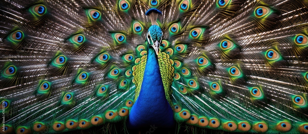 Obraz premium A colorful peacock showcasing its beautiful spread-out feathers in full display