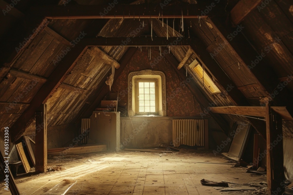 Vintage House wooden attic old space. Home board dirty roof with small light. Generate Ai