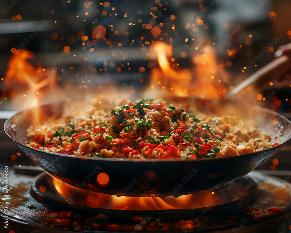 A vibrant stir-fry with fresh vegetables and shrimp sizzles in a wok over an open gas flame, capturing the essence of Asian cuisine A vibrant stir-fry with fresh vegetables and shrimp sizzles in a wok over an open gas flame, capturing the essence of Asian cuisine