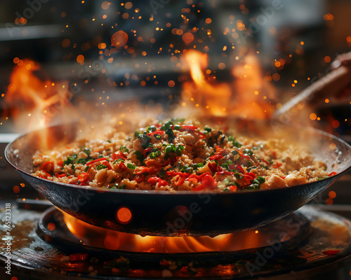 A vibrant stir-fry with fresh vegetables and shrimp sizzles in a wok over an open gas flame, capturing the essence of Asian cuisine © kaitong1006