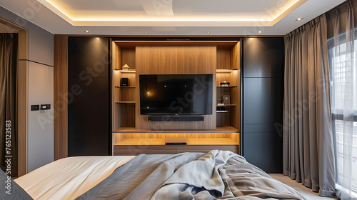Modern bedroom with a sliding door wardrobe system that conceals a hidden TV cabinet with shelves and media storage