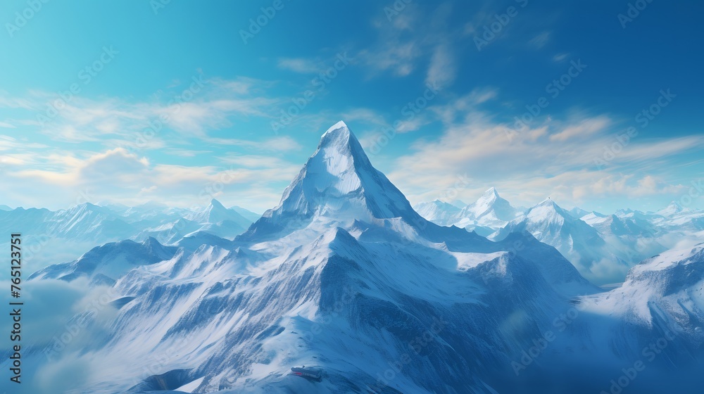 A massive mountain range dominating the horizon, its peaks jagged and imposing against the backdrop of a clear blue sky, inspiring awe and wonder in all who behold it.