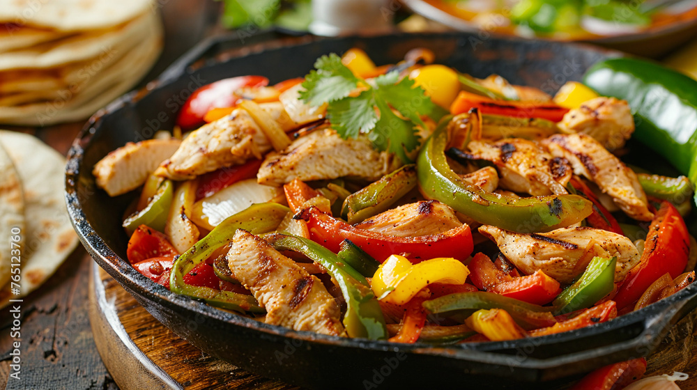 Delicious Chicken Fajita Recipe with Fresh Vegetables and Spicy Sauce on Rustic Wooden Table - Perfect Homemade Mexican Cuisine for Food Photography Delicious Chicken Fajita Recipe with Fresh Vegetables and Spicy Sauce on Rustic Wooden Table - Perfect Homemade Mexican Cuisine for Food Photography