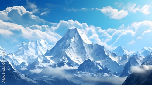 A massive mountain range dominating the horizon, its peaks jagged and imposing against the backdrop of a clear blue sky, inspiring awe and wonder in all who behold it.