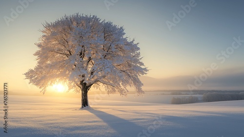 Snow-covered tree bathed in the soft glow of a winter sunrise © Dan