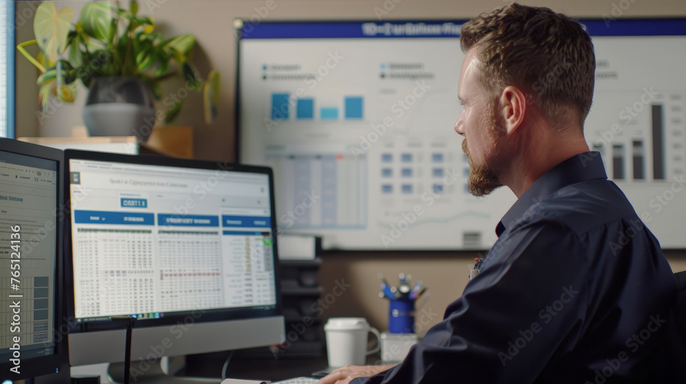 Recruiter in back office analyzing candidate profiles on computer with performance metrics board. Recruiter in back office analyzing candidate profiles on computer with performance metrics board.